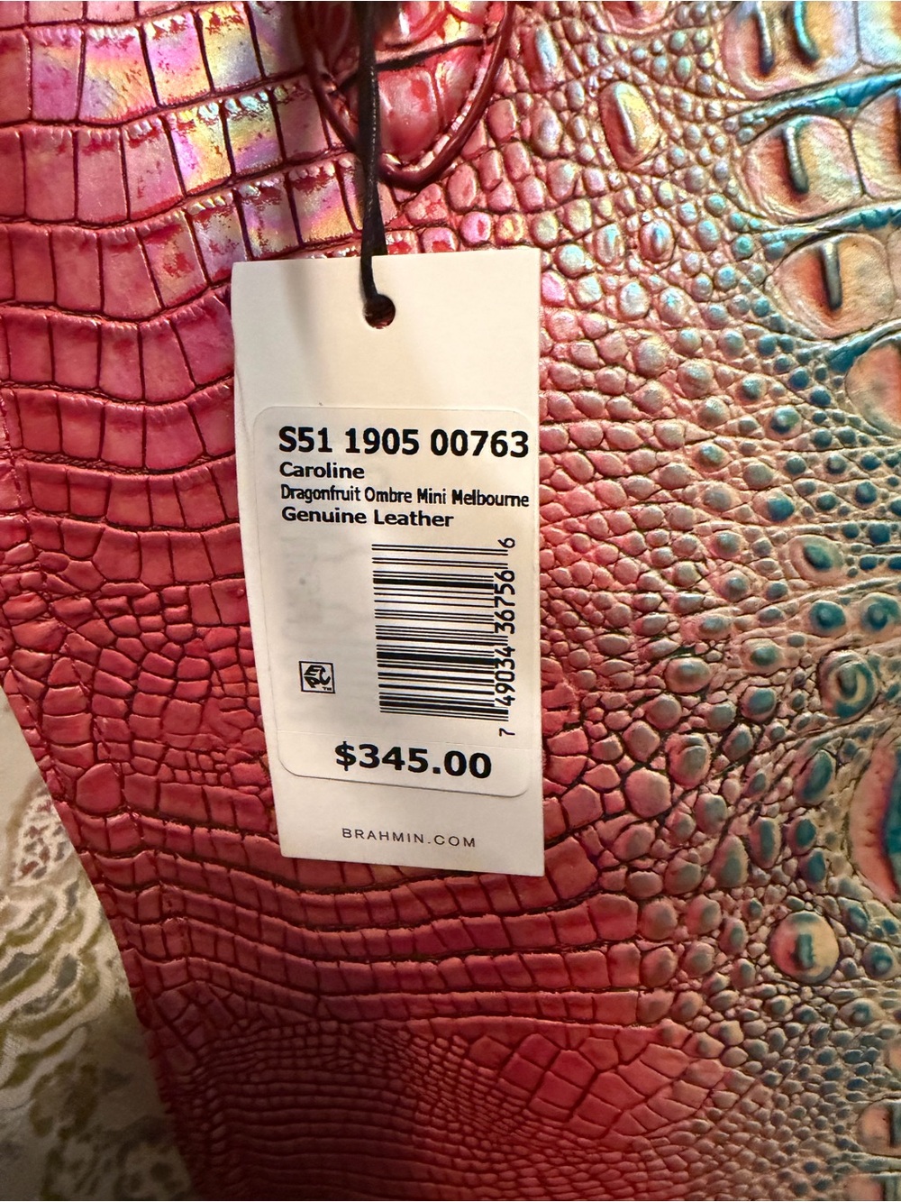 Brahmin Iridescent Pink Faux-Croc Satchel with Gold-Sheen. Eye on front and back - Picture 3 of 8